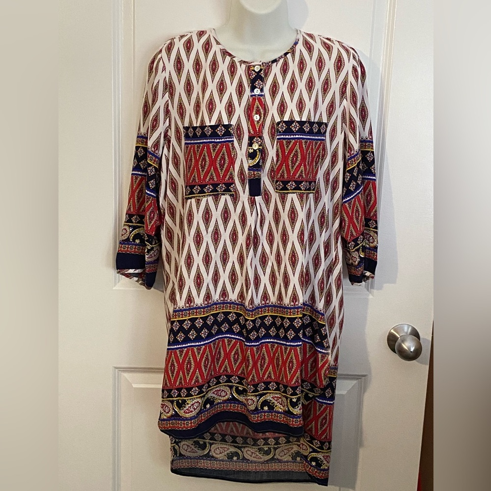 Anthropologie Fig Flower Tunic Top Size LARGE Pockets  Patterned Loose Fit